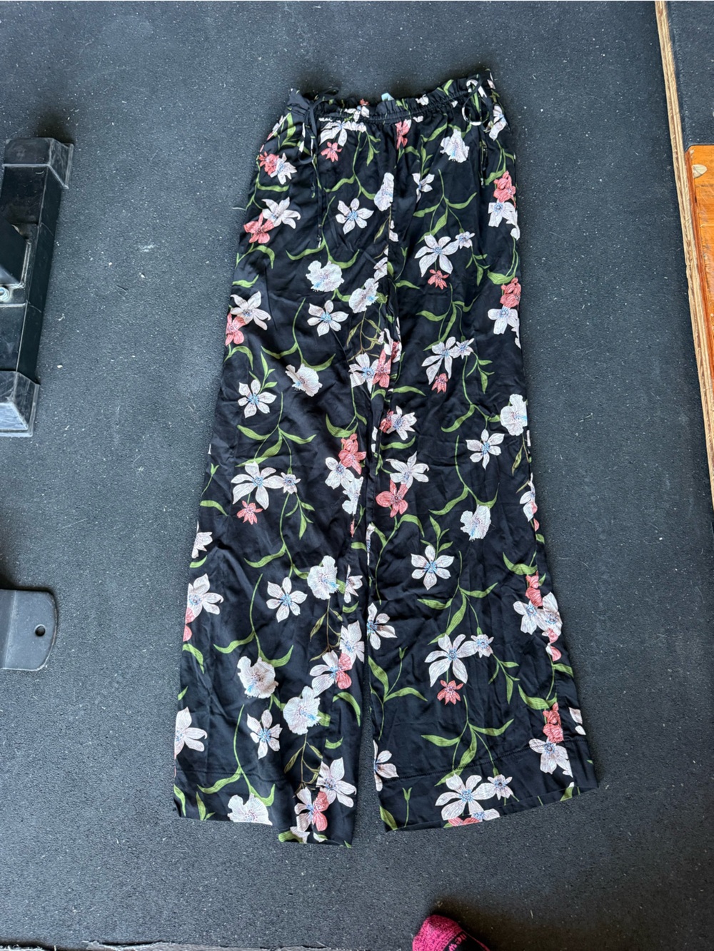 Shade & Shore Black Floral Wide-Leg Pants with Pink, White & Green Blooms